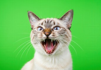 Obraz premium Adorable cat meowing loudly, showcasing its pink tongue against a vibrant green backdrop