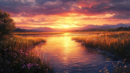 Obraz premium Serene Sunset Over a River Winding Through Grassy Meadows