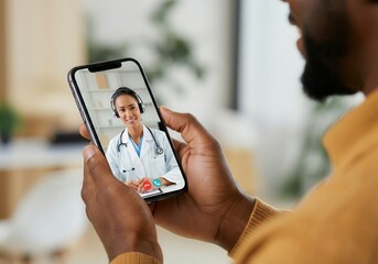 Patient having video consultation with doctor on smartphone, using telehealth platform for remote medical assistance