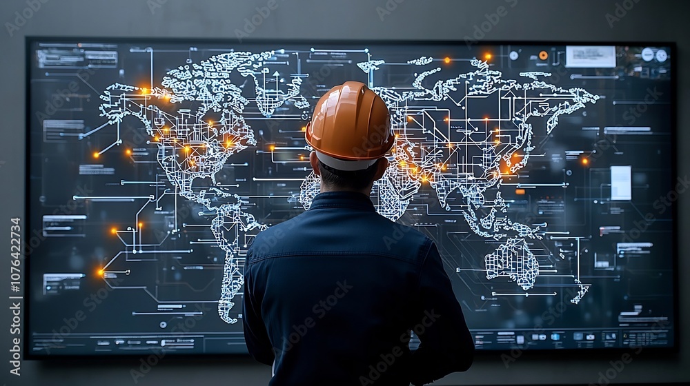 Poster Back view of an industrial engineer in a hard hat observing a high tech map with illuminated network lines representing global development and technology across various industries and systems
