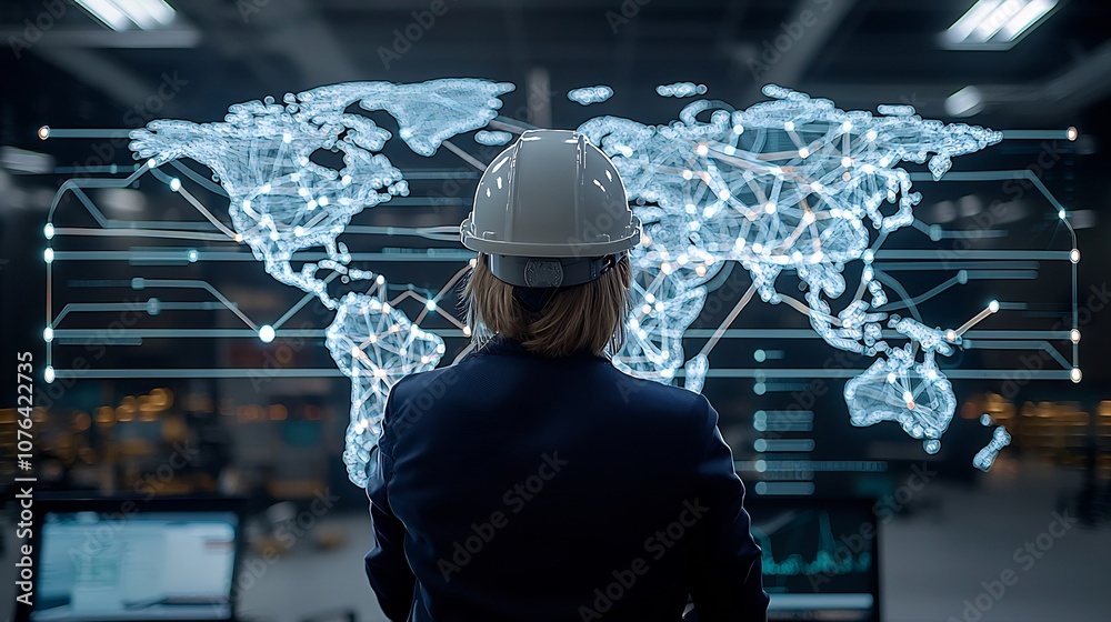 Leinwandbilder back view of an industrial engineer in a hard hat observing a high tech map with illuminated network