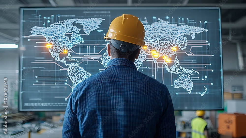 Poster Industrial Engineer in Hard Hat Observing High Tech Map Showcasing Global Development and Technology The map displays illuminated network lines representing the interconnectedness of infrastructure