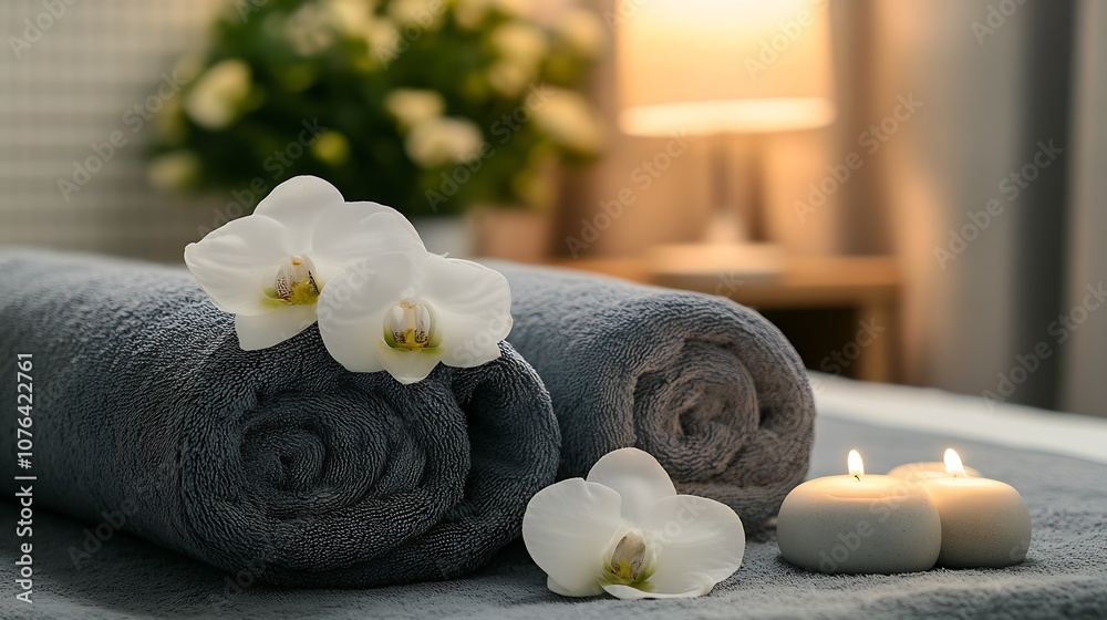 Aufkleber luxurious spa setting with rolled towels flowers and candlelight for ultimate relaxation : generativ