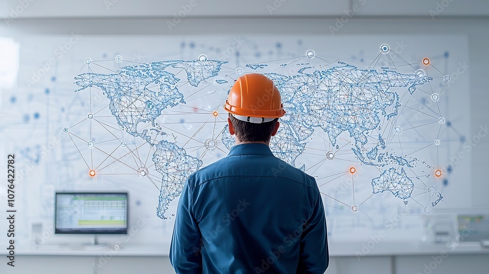 Poster Male engineer in hard hat facing digital world map with interconnected network points symbolizing his focus on international connections and global infrastructure or logistics management