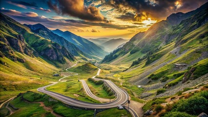 Captivating Vintage Style Photo of the Legendary Transfagarasan Road Winding Through Majestic Mountains Surrounded by Lush Greenery and Breathtaking Scenery in Romania