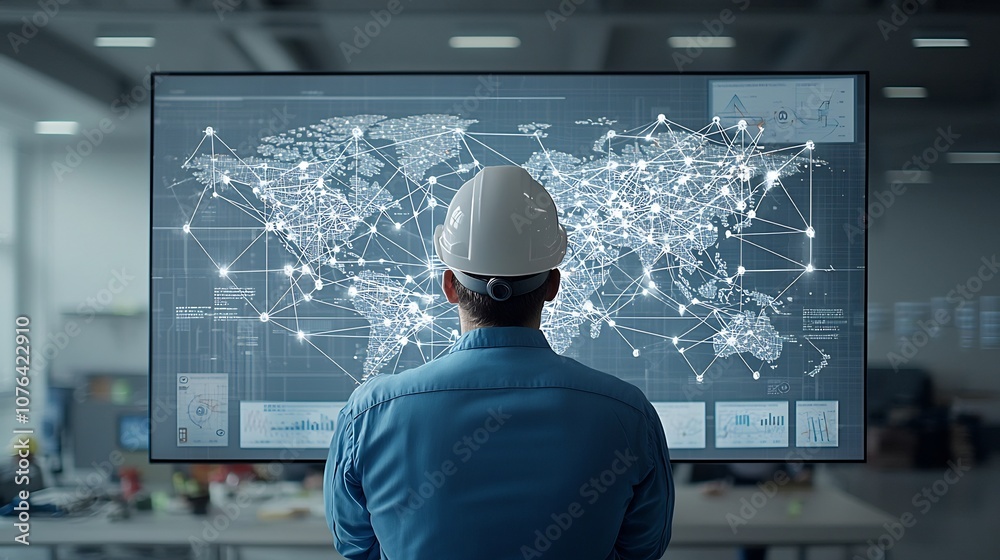 Fototapete construction engineer in a hard hat observing a digital map with interconnected points symbolizing g