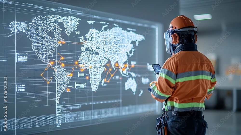 Poster a professional engineer in safety equipment examining a futuristic digital world map with glowing co