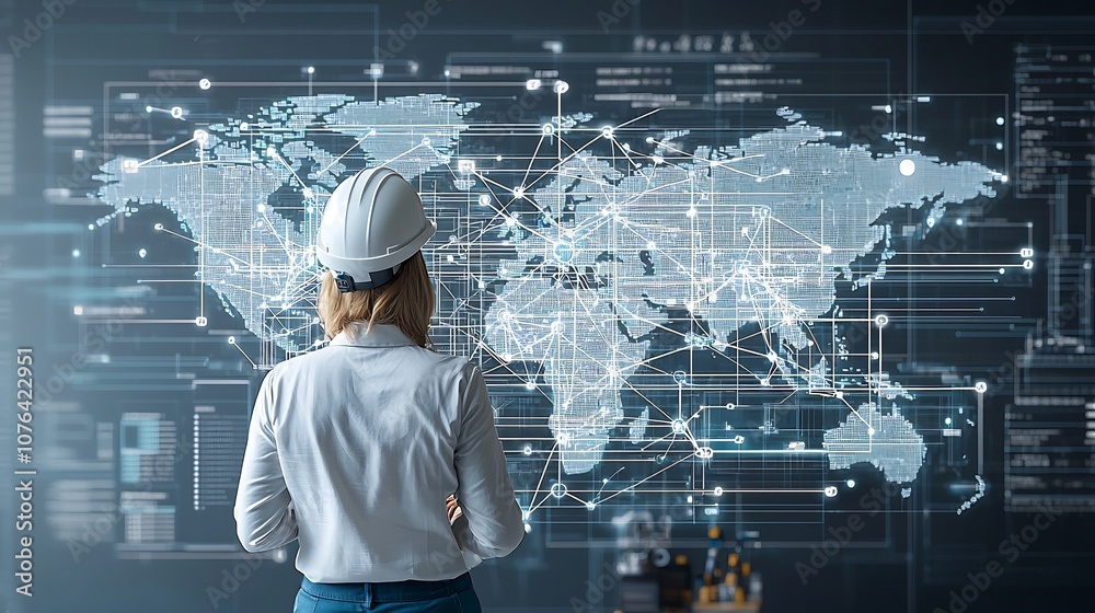 Poster Construction engineer in hard hat reviewing digital map displaying global interconnected infrastructure network symbolizing urban planning project management