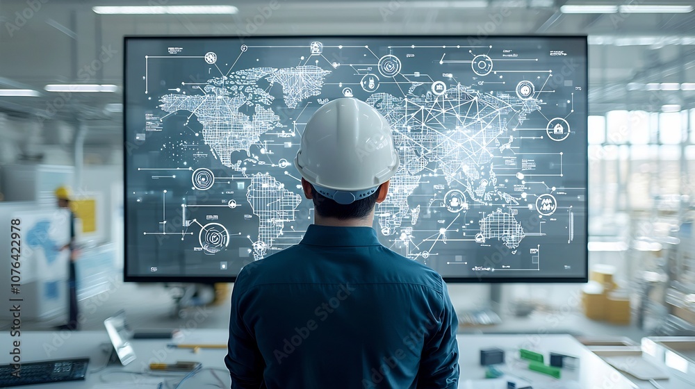 Poster Construction engineer in hard hat examining digital map with interconnected points symbolizing the planning and analysis of global infrastructure projects and networks