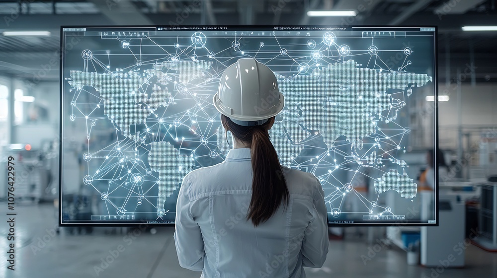 Aufkleber construction engineer in hard hat observing interconnected digital map symbolizing planning and mana
