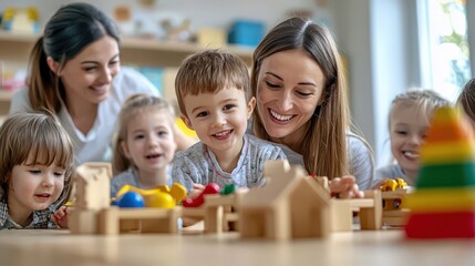 Joyful Preschool Setting with Smiling Children and Teachers Engaged in Play and Learning, Capturing the Warmth, Fun, and Developmental Benefits of Early Childhood Education Indoor