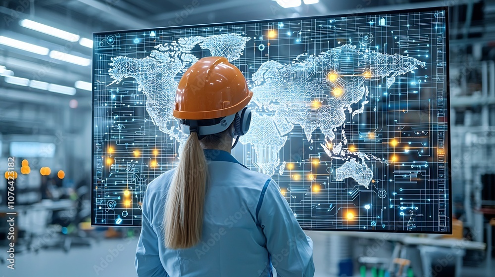 Poster Industrial Engineer in Protective Helmet Analyzing Digital Map with Illuminated Network Points Showcasing the Concept of International Engineering and Connectivity for Industry Advancement