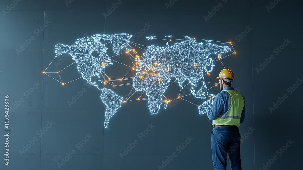 Aufkleber construction manager wearing hard hat observing a glowing world map symbolizing technological infras