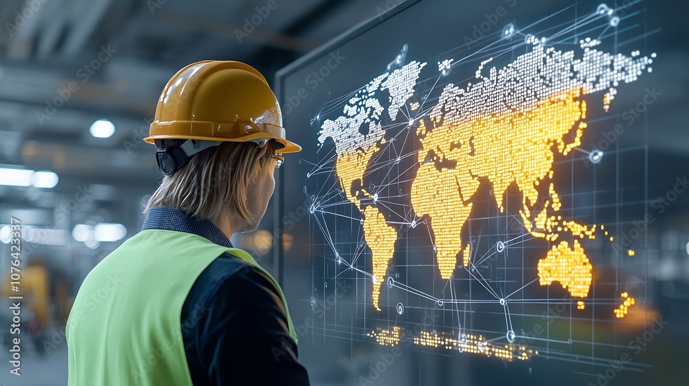 Poster experienced construction manager in hard hat observing glowing world map symbolizing global technolo