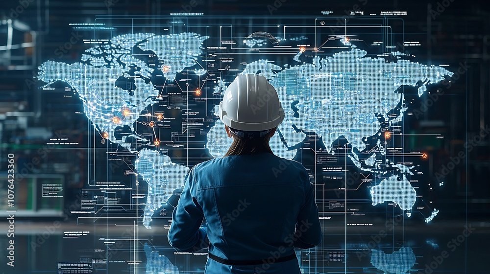 Poster An engineer wearing a hard hat examines a digital world map with highlighted network points representing the planning and technological progress happening on a global scale