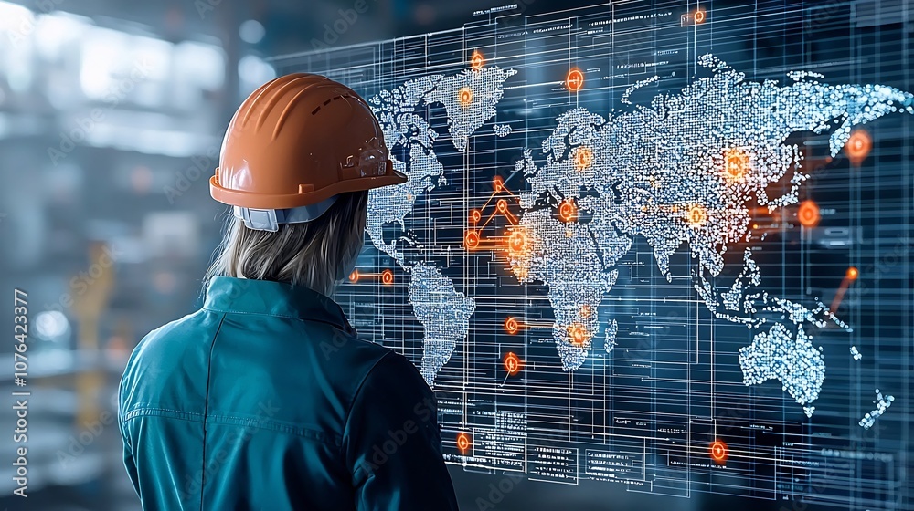 Leinwandbilder a professional engineer in a hard hat examining a digital world map with highlighted network points