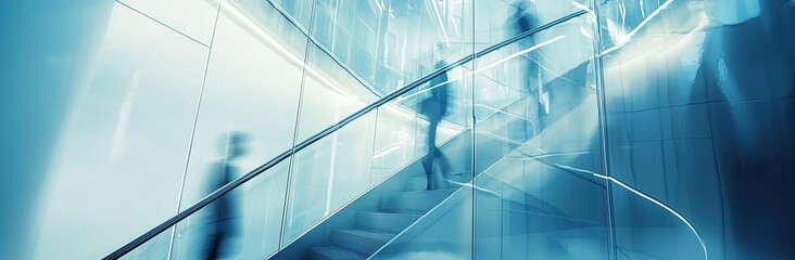Obraz premium Abstract blurred motion of people walking in an office building with glass walls, captured with a long exposure. Concept of business team work and group or crowd movement on a staircase