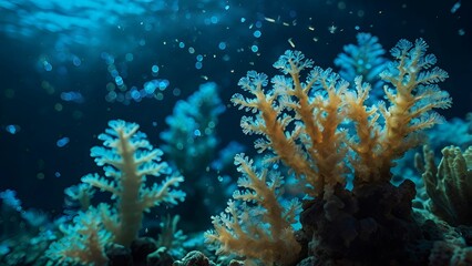 Obraz premium A mysterious deep-sea scene with glowing bioluminescent creatures in dark water, softly illuminated coral formations, and a surreal sense of depth and tranquility.