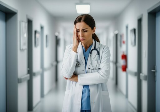 Exhausted female doctor having a bad headache while standing in a hospital hallway