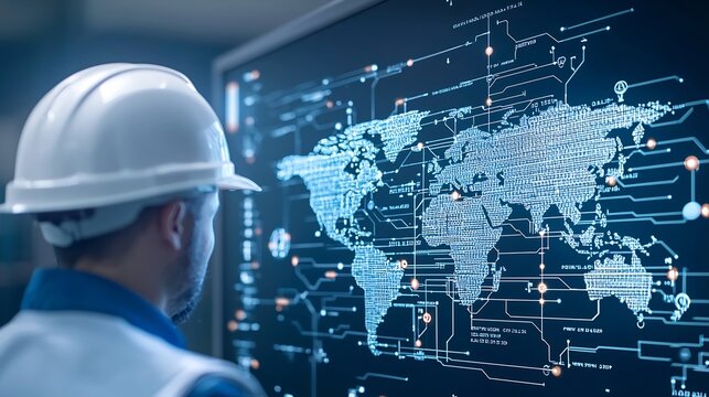 An engineer wearing a hard hat examining a digital world map with highlighted network points symbolizing the planning and technological advancements driving international connectivity and progress