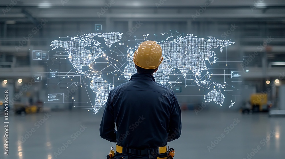 Fototapete Professional Engineer in Construction Gear Examining a High Tech Illuminated Global Logistics Map Highlighting Themes of Worldwide Engineering Technology and Supply Chain Optimization