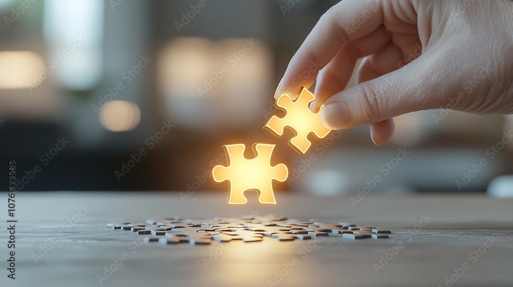 Poster hand carefully placing a glowing puzzle piece in the center representing the concept of completing a