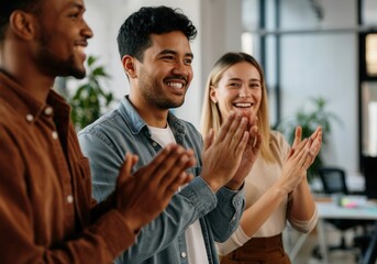 Enthusiastic businesspeople clapping hands, celebrating corporate achievement, teamwork and collaboration in a modern office