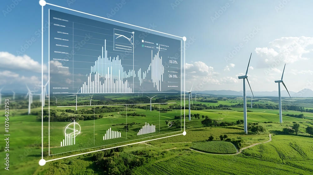 Aufkleber Close up view of eco friendly technology with a transparent data chart overlay on a green landscape featuring wind turbines representing clean energy analytics and sustainable power solutions