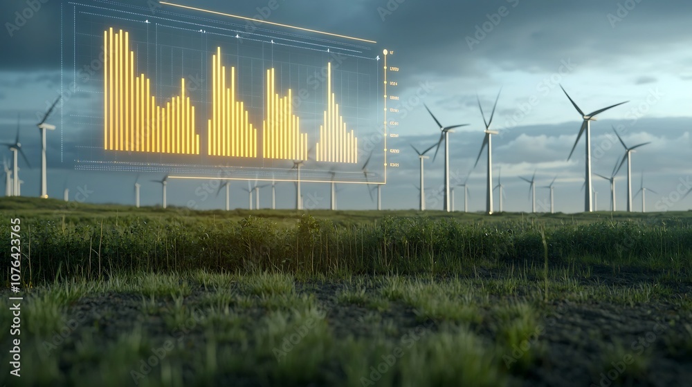 Poster Glowing energy data chart displayed over a lush green field with wind turbines in the background
