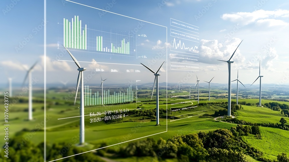 Aufkleber close up view of eco friendly technology with a transparent data chart overlay on a green landscape 