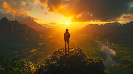 Obraz premium Detailed photography of a backpacker standing on a cliff overlooking a lush valley, with golden light streaming down from the setting sun, highlighting the beauty of the world waiting to be discovered