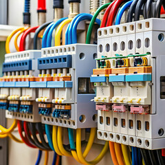 An intricate close-up of a circuit breaker reveals detailed components and labels.