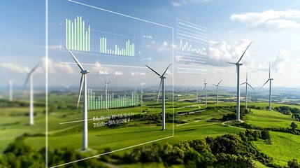 Close up view of eco friendly technology with a transparent data chart overlay on a green landscape featuring wind turbines representing clean energy analytics and sustainable energy solutions