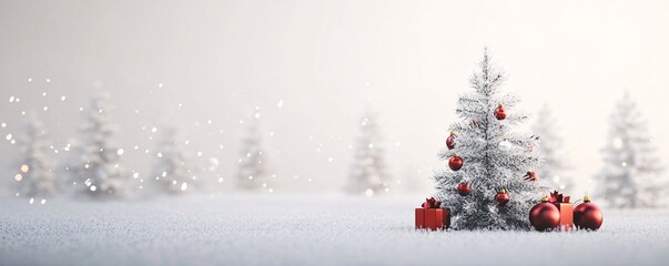 White christmas tree with red ornaments and gifts in snowy landscape