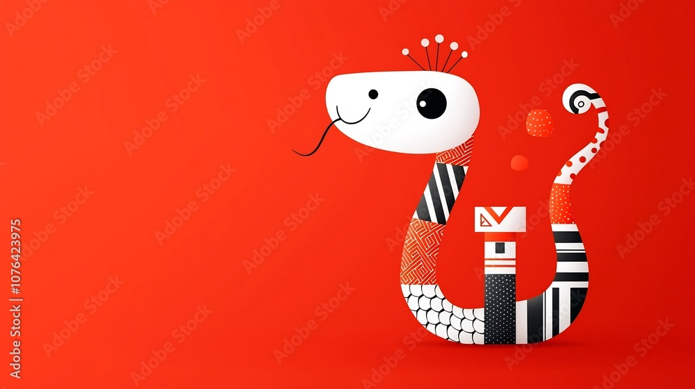 Aufkleber Minimalist flat of a stylized snake with geometric patterns on a red background featuring a playful and modern design