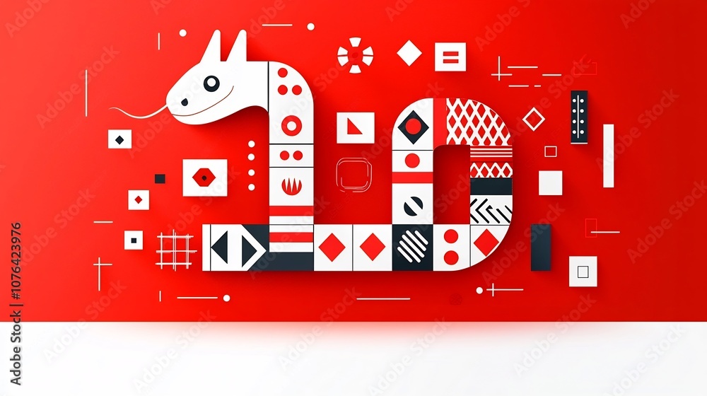 Poster Stylized geometric snake with modern abstract patterns on a vibrant red background featuring a minimalist and clean digital art design