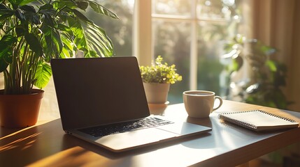 Fototapeta premium Serene Home Workspace with Laptop and Coffee Next to Potted Plants in Sunny Room : Generative AI