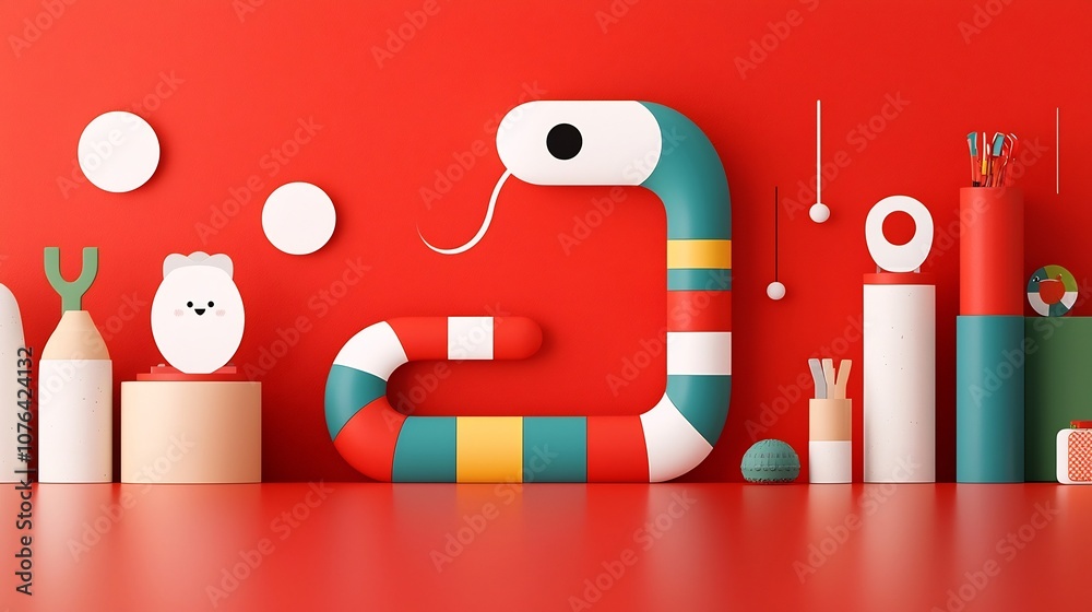 Fototapete Captivating modern depicting a snake with colorful segmented body and minimalist facial features set against a bold red background creating a visually striking and aesthetically creative design
