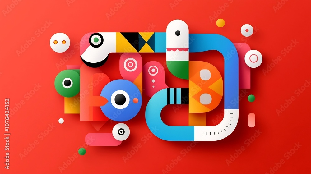 Fototapete Striking and colorful geometric snake design with abstract shapes and simple features set against a bold red backdrop created in a flat style with a modern minimalist aesthetic