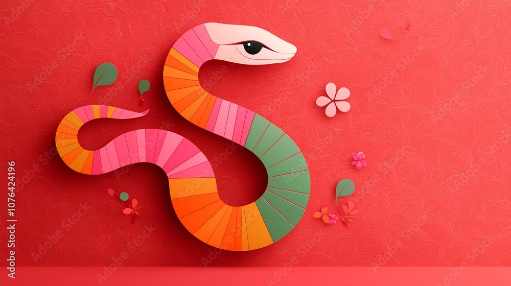 Aufkleber stylized flat design of a colorful segmented snake in pink orange and green hues set against a red b