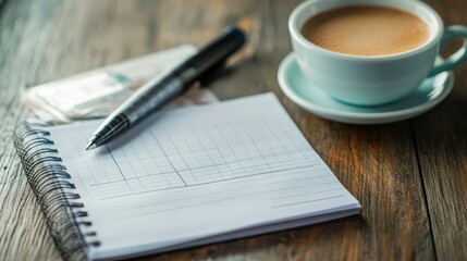 A blank notebook with a pen, a cup of coffee, and a notepad on a wooden table.