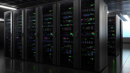 Dark servers data center room with bright halo light going through the corridor 3D rendering