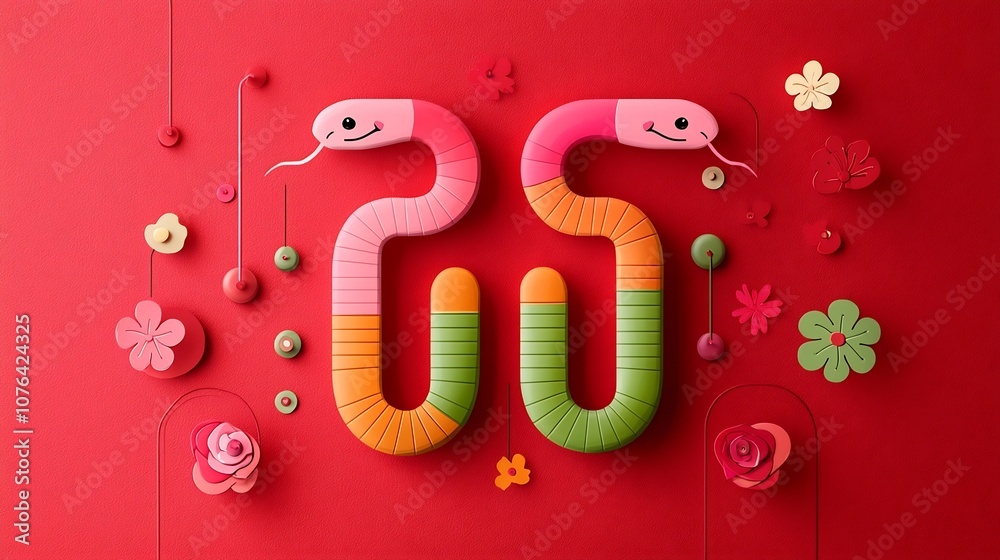 Poster vibrant and modern of a stylized snake composed of geometric pink orange and green segments set agai
