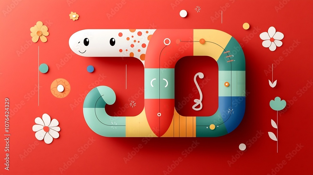 Fototapete Striking and contemporary flat style of a snake with segmented colors and a minimalist red background featuring abstract floral patterns and geometric design elements