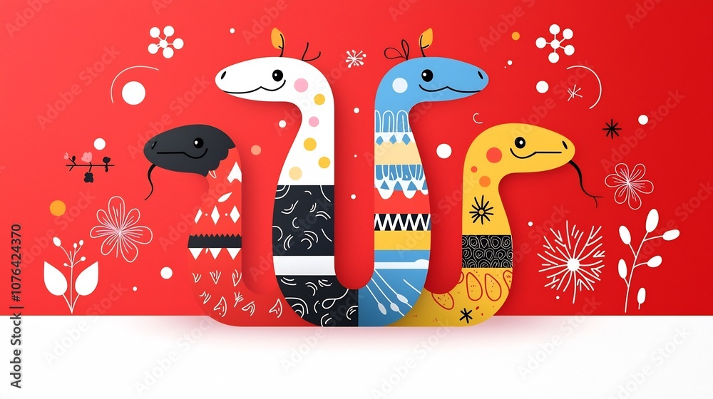 Poster Vibrant and minimalist snake featuring a segmented flat design with a striking red background and abstract floral motifs  This versatile graphic artwork can be used for various design purposes