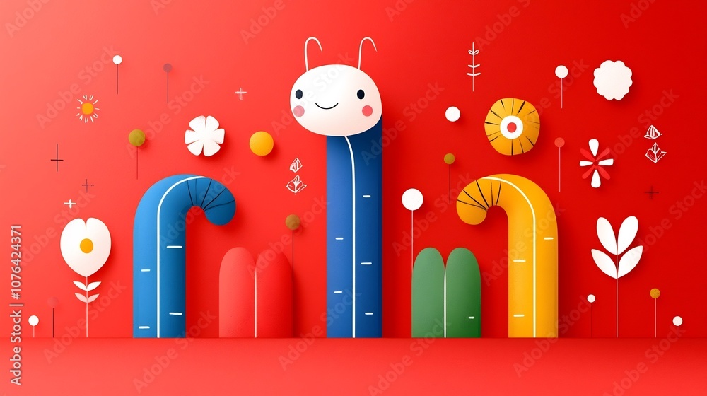 Poster Colorful and stylized snake in a flat minimalist design featuring a segmented snake body and an abstract floral motif background in a bold red tone