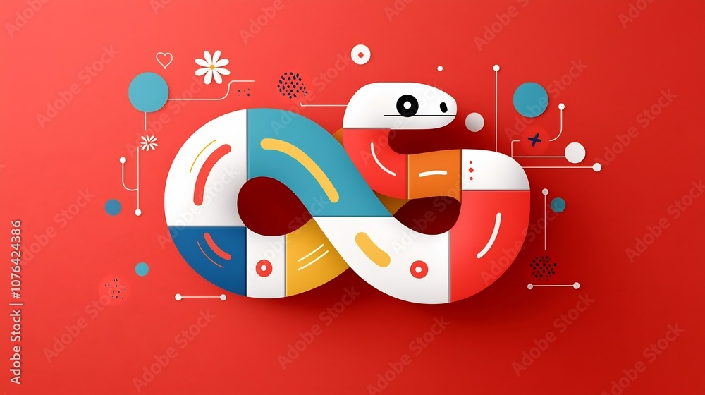Aufkleber Minimalist and Vibrant Segmented Snake with Decorative Abstract Floral Motifs on a Red Background