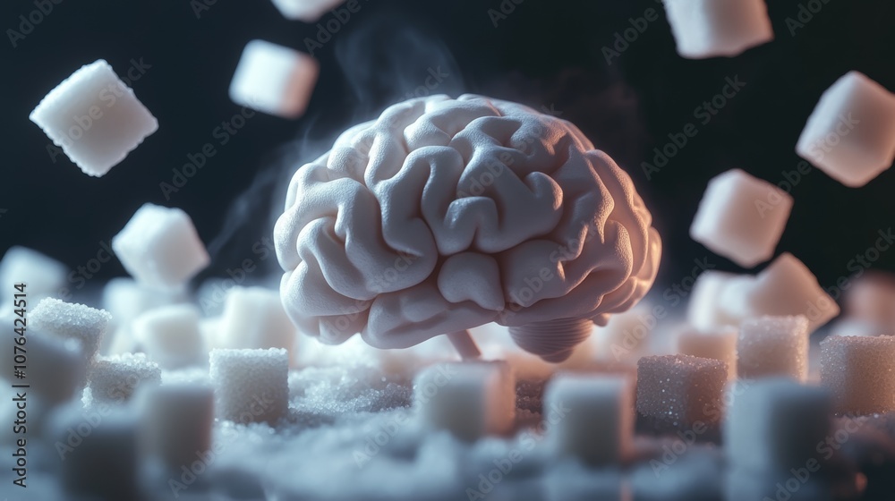 Poster sugar cubes surrounding a steaming brain illustrate the effects of sugar addiction and the importanc