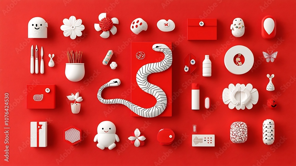 Aufkleber stylized contemporary snake design featuring geometric segmented body with vibrant red background an