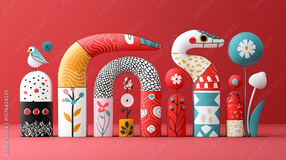 Poster Striking contemporary snake design featuring geometric segmented elements and a vibrant red background complemented by delicate floral icons creating a modern and playful visual aesthetic